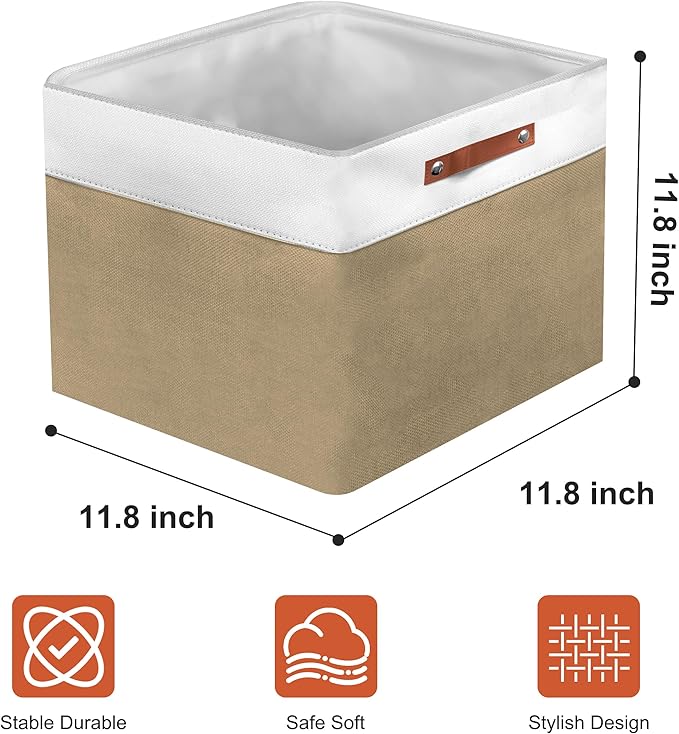 12in Open Fabric Storage Basket with Leather Handles for Organizing, Collapsible Linen Closet Bins for Shelves, Closets, Laundry, Decorative Basket for Gifts. (White＆Khaki, 3PCS/12x12in)-NeatNest