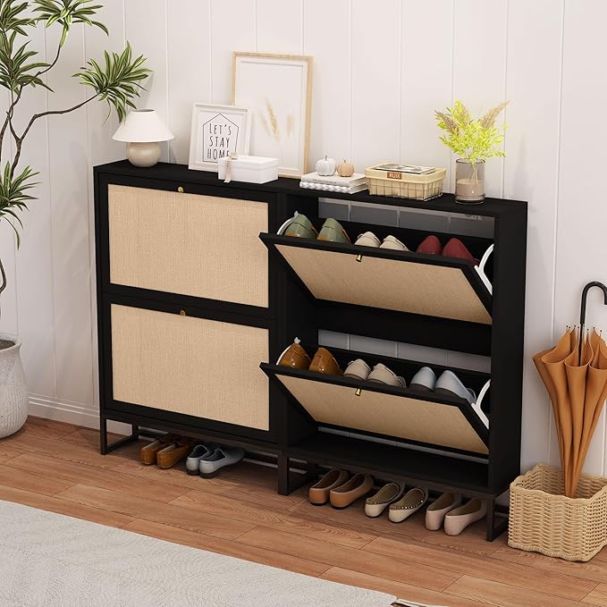 AVZEAR Narrow Shoe Cabinet with 2 Flip Drawer, Freestanding Shoe Organizer Shoe Cabinet Storage for Entryway, Slim Shoe Storage Shoe Rack for Closet with Linen Doors in Hallway, Living Room(Black)-NeatNest
