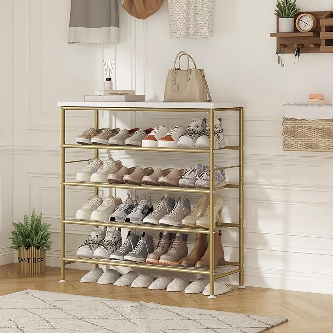Shoe Rack Organizer 5 Tier for Closet Entryway Free Standing Metal Storage Shoe Shelf with MDF Top Board，Gold-NeatNest