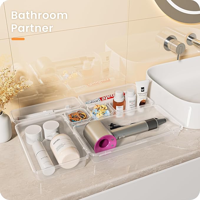 A-LuGei 【𝟯𝟬𝗣𝗰𝘀】【𝟱𝗦𝗶𝘇𝗲】 Drawer Organizer, Bathroom Organizers and Storage, Makeup organizer, Desk drawer organizer, Storage Bins for Kitchen Office Bedroom Vanity Tool Trays【𝐂𝐥𝐞𝐚𝐫】-NeatNest