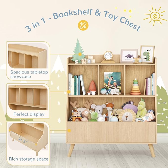 Curipeer Kids Bookshelf and Toy Storage, 3-Tier Wooden Bookcase, Baby Book and Toy Storage Display Organizer with Spacious Top Shelf for Children, Family, Natural Wood Color(Large Size)-NeatNest