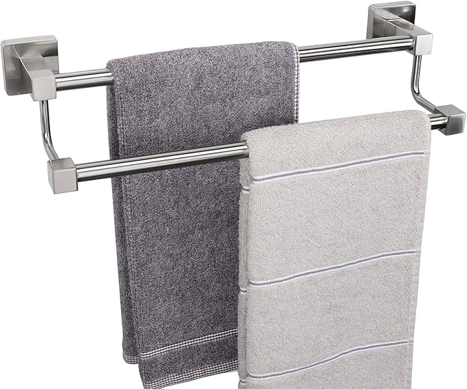 TocTen Double Bath Towel Bar - Thicken SUS304 Stainless Steel Towel Rack for Bathroom, Bathroom Accessories Double Towel Rod Heavy Duty Wall Mounted Square Towel Holder(Brushed Nickel, 16 INCH)