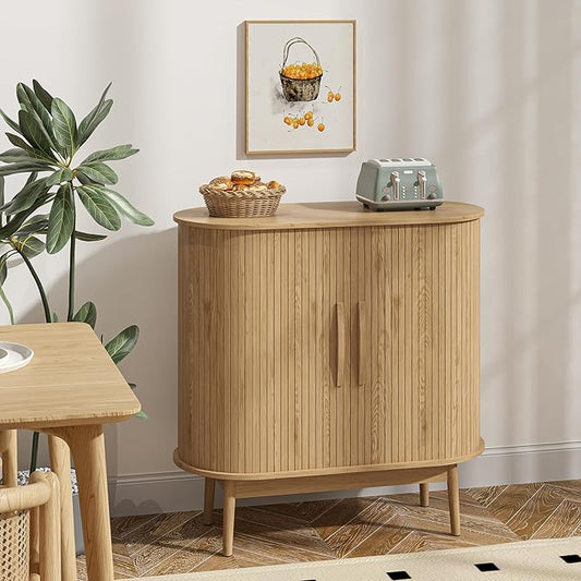 Accent Small Storage Cabine, Buffet Cabinet with Storage, Mid Century Modern Sliding Door Sideboard Cabinet for Kitchen, Entryway (Oak)
