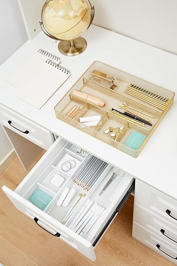 Annova Desk Top Organizer Tray for Office Organization - Metal Mesh - Storage Tray with Dividers for Pens, Desktop Accessories, Bathroom, Kitchen, Makeup and Office Supplies (Large, White)-NeatNest