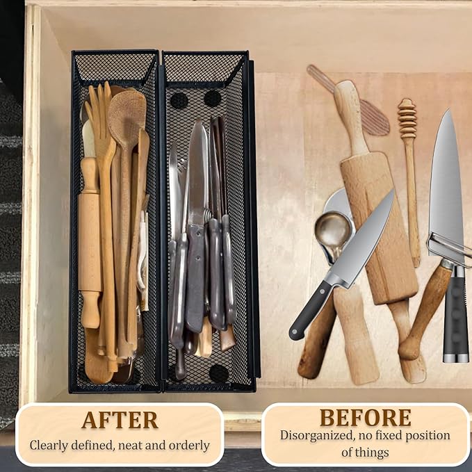 2PCS Drawer Organizer, Mesh Drawer Organizer with Interlocking Arm for Utensil, Cosmetic, Flatware, Pen (12 * 3 * 2 Inches, Black)-NeatNest