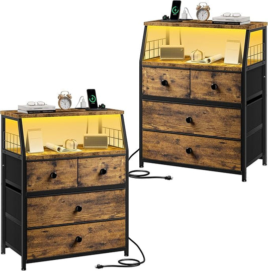 EnHomee Nightstand Set of 2, Night Stand with Charging Station & LED Lights, Bedside Table with 4 Fabric Drawers for Bedroom, Side Table with Outlets and 2 Ports, Rustic Brown
