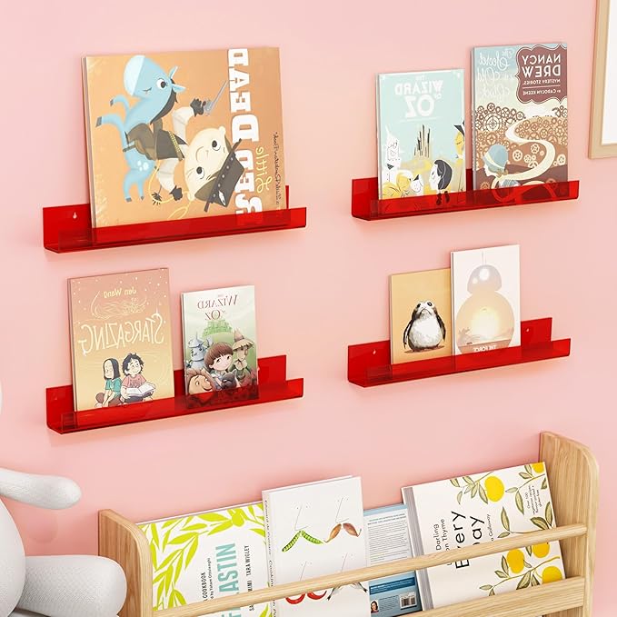 4 Pack Acrylic Shelves for Wall Storage,15" Floating Bookshelves for Kids, Display Shelf for Bathroom, Bedroom,Decor, Red
