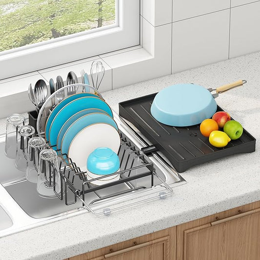 Dish Drying Rack in Sink, Expandable Stainless Steel Dish Rack for Kitchen Counter, Over the Sink Dish Drainer with Utensil Holder, Cup Rack, Drainboard, Space Saving Dish Dryer rack for Inside Sink