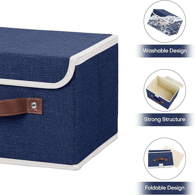 ANMINY 2PCS Storage Bins with Lid PU Leather Handles Storage Boxes PP Plastic Board Decorative Foldable Lidded Cotton Linen Fabric Home Cubes Baskets Closet Organizer Containers - Blue, Small Size-NeatNest