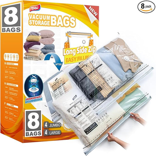 TAILI 8 Pack Vacuum Storage Bags, LONG SIDE ZIP (4 Large+4 Jumbo), Multi-Size Vacuum Seal Bags for Clothing, Storage Bulky Beddings, Blankets and Clothes, Space Saver for Closet Organization-NeatNest