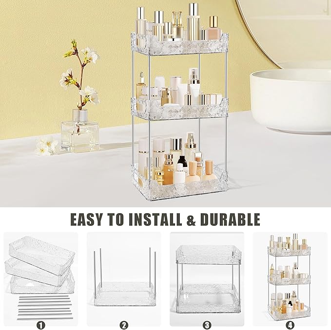 3-Tier Bathroom Counter Organizer Countertop Storage, Dresser Organizer Vanity Tray for Makeup, Perfume Organizer Cosmetics Skincare Shelf - Clear-NeatNest