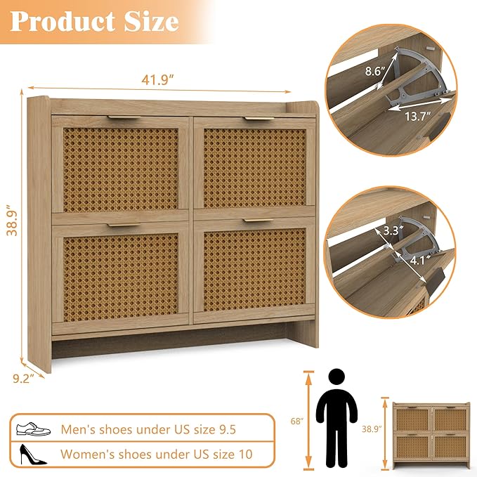 Hidden Shoe Storage Cabinets with 2 Flip Drawers and Metal Legs, Freestanding Narrow Shoe Organizer Rack for Entryway, Natural-NeatNest