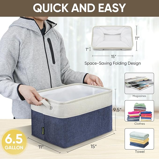 BALEINE 2 Pack Fabric Storage Bins for Shelves, Linen Storage Baskets for Organizing, Decorative Closet Bins for Clothes, Home (Navy Blue, 15"x11"x9.5") ﻿-NeatNest