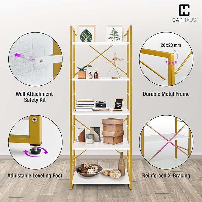 CAPHAUS 5 Tier Bookshelf, 24 Inch Width Free Standing Shelf, Bookcase Shelf Storage Organizer, Industrial Book Shelves for Home Office, Living Room, Kitchen, White Wooden Shelves & Gold Frame-NeatNest