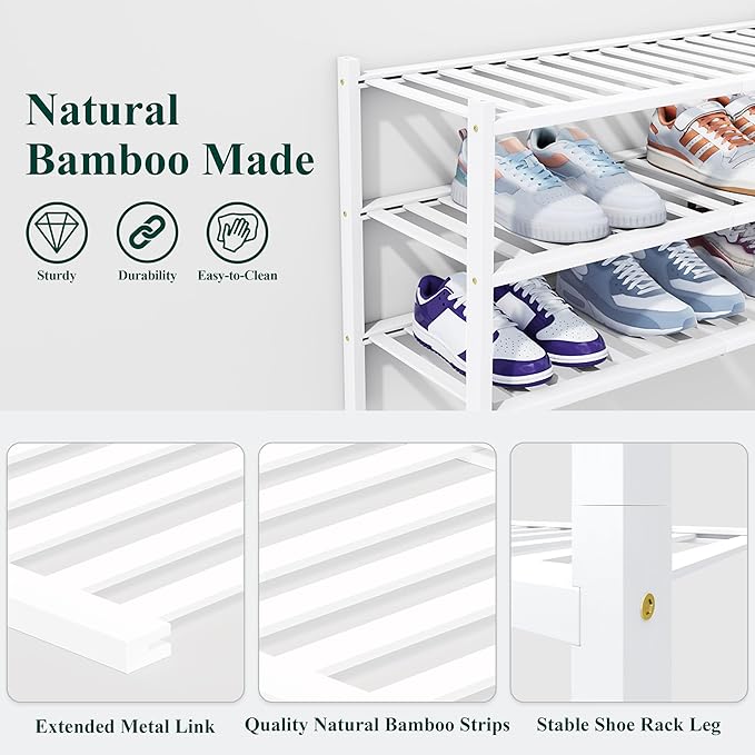 Smiry Shoe Rack, 4 Tier Thick Bamboo Shoe Organizer, Stackable Free Standing Wooden Shoe Storage Shelf for Closet, Entryway, Front Door Entrance, White-NeatNest