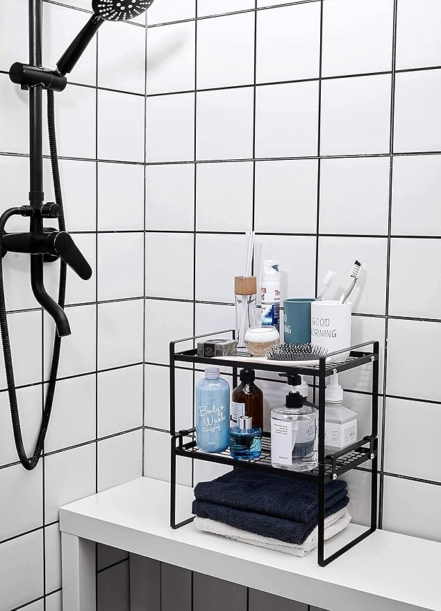 2 Pack Kitchen Cabinet Shelf Counter Organizer Rack Pantry Storage Bathroom Bedroom Office Table Desk Space Saving Steel Frame Stackable Rust Resistant Non Slip Black-NeatNest
