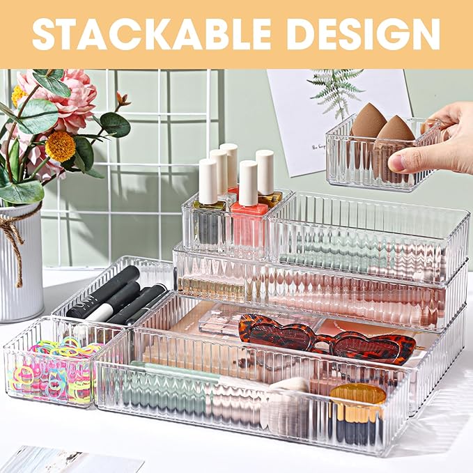18 Pcs Clear Drawer Organizer Stackable 4 Size Clear Makeup Drawer Organizer Trays Acrylic Bathroom Vanity Storage Bins for Cosmetic, Jewelries, Office Supply, Kitchen Utensils(Stripes)