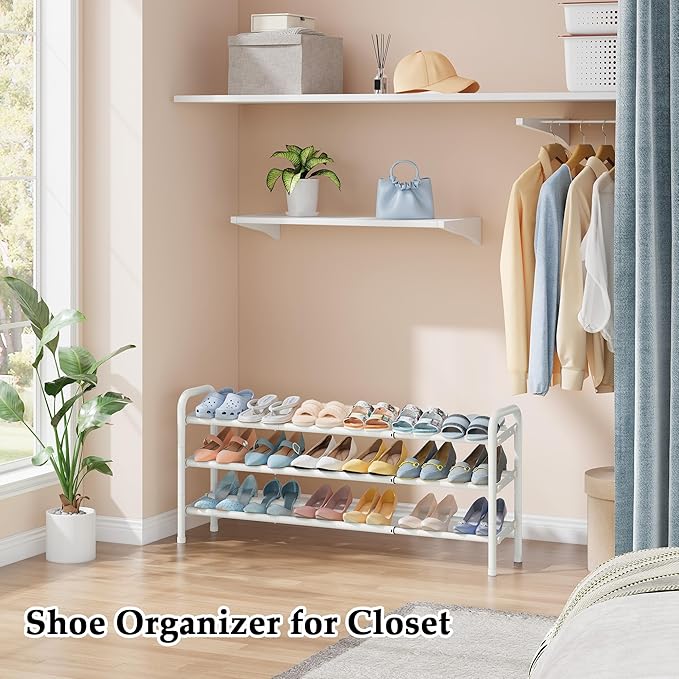 Shoe Rack for Closet, 3 Tier Shoe Organizer, 28“ Metal Shelf Can Expandable to 42“, for Closet, Entryway, Bedroom, Garage, Adjustable to 18 Pairs Shoes, White-NeatNest