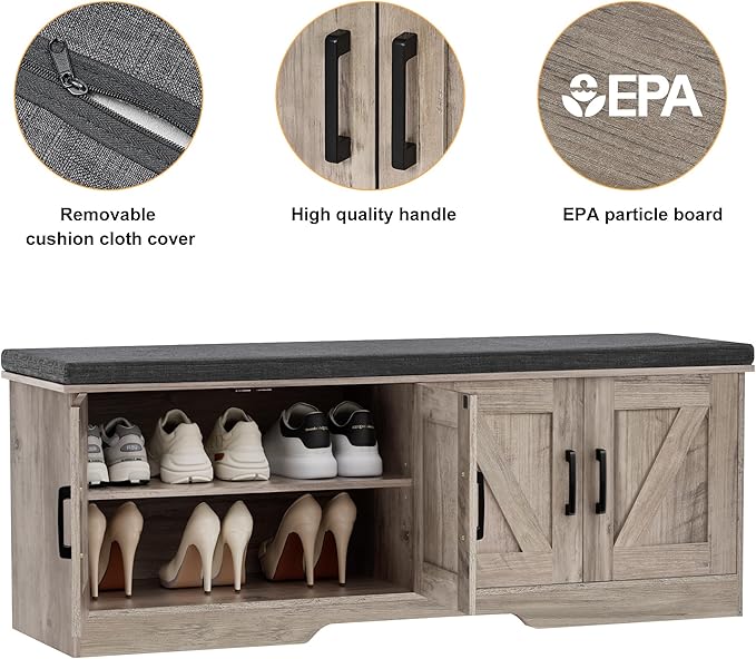 2-Tier Storage Bench, Shoe Bench with Padded Seat Cushion, Entryway Bench with 4 Barn Doors, Adjustable Shelf, 13.8" D x 47.2" W x 17.7" H, for Entryway, Living Room, Bedroom, Greige-NeatNest