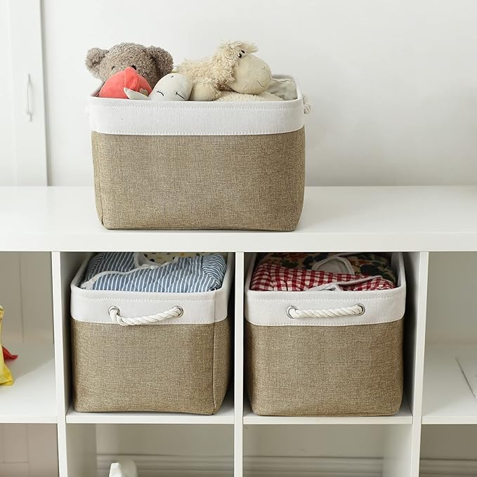 TheWarmHome Organization and Storage Basket for Gifts Empty - 16x12x12 inch Cube Storage bin 3 Pack Fabric Storage Cubes, Collapsible Baskets for Organizer Closet Cloth Gift Toy (White & Khaki)-NeatNest