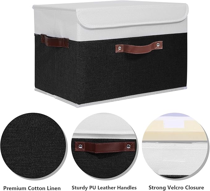 ANMINY 2PCS Storage Boxes with Lid Washable Decorative Storage Bins Basket with PU Leather Handle Foldable Linen Fabric Storage Cubes Containers for Home Closet Organizer - Black White, Large Size-NeatNest