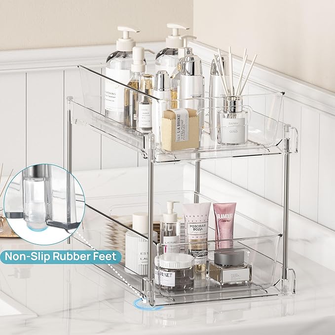 Vtopmart 4 Pack Bathroom Organizer, 2 Tier Clear Under Sink Organizers Vanity Countertop Storage Container,Cabinet Drawers Bins, Pull-Out Organization with Track for Pantry, Kitchen-NeatNest