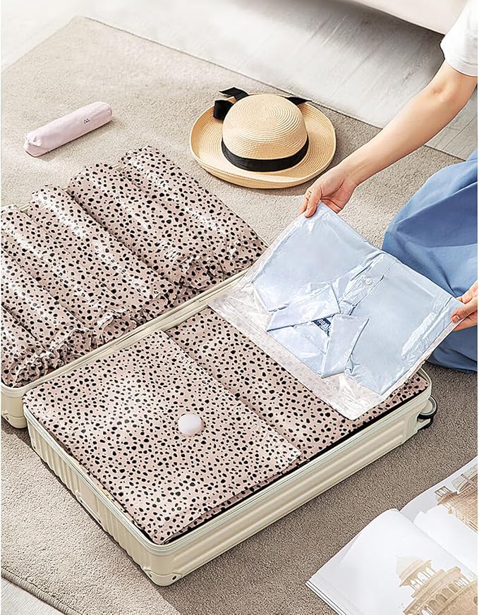 16 Pack Travel Vacuum Storage Bags with Electric Pump, 3 Large + 6 Medium + 7 Small Vacuum Sealer Bags, 80% Space Saver Bags for Luggage, Comforters and Blankets, Travel Essentials(Beige Leopard)-NeatNest