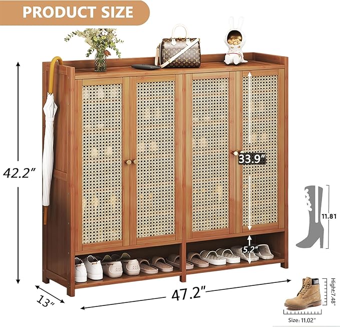 Bamboo Shoe Cabinet, 8-Tier Shoe Storage Cabinet with Doors, Freestanding Bamboo Shoe Rack Organizer with Shelves for Entryway, Hallway, Closet, Living Room (Brown-4)