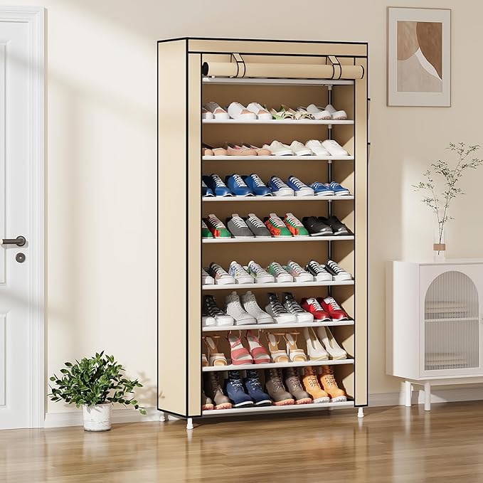 Laiensia 9-Tier Shoe Rack ，Space Saving Shoe Storage Organizer Non-Woven Cover Shoe Shelf Holds 36-45 Pairs for Bedroom, Hallway, Entryway, Beige-NeatNest