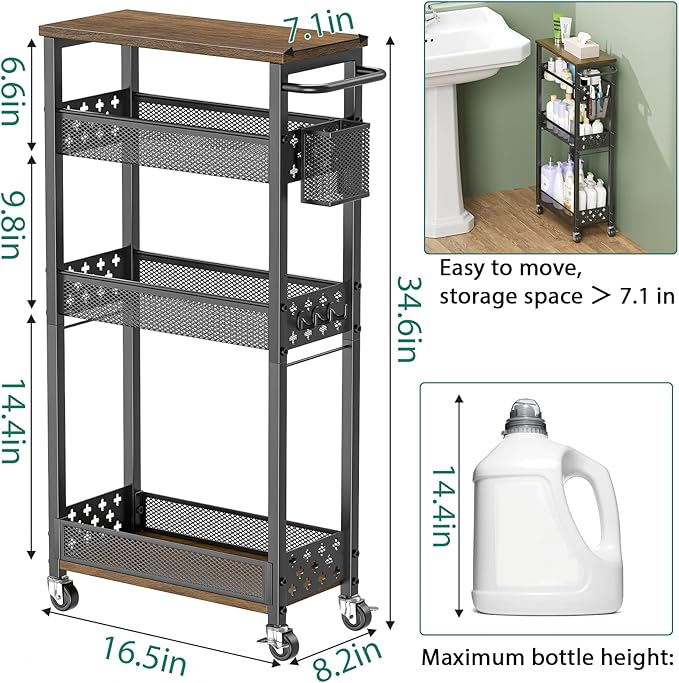 Slim Storage Cart 4 Tier Laundry Cart with Wheels, Narrow Metal Kitchen Rolling Carts Bathroom Organizers Storage Shelf with Wood Rack and Handle for Small Space
