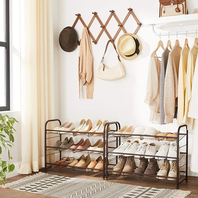 SONGMICS Shoe Rack, 3 Tier Shoe Organizer for Closet, Holds up to 12 Pairs of Shoes, Shoe Rack for Front Door Entrance, Metal Shoe Shelf with Adjustable Tilt Angle, for Entryway, Garage, Bronze-NeatNest