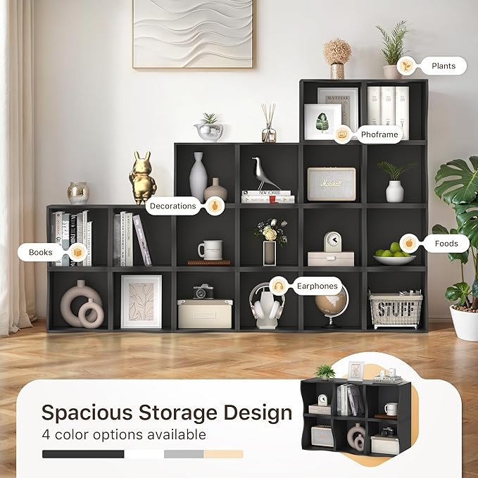 2 Cube Storage Organizer Shelf, Stackable Wooden Bookshelf, Modular Bookcase for Bedroom, Living Room, Office, Study (Black)-NeatNest