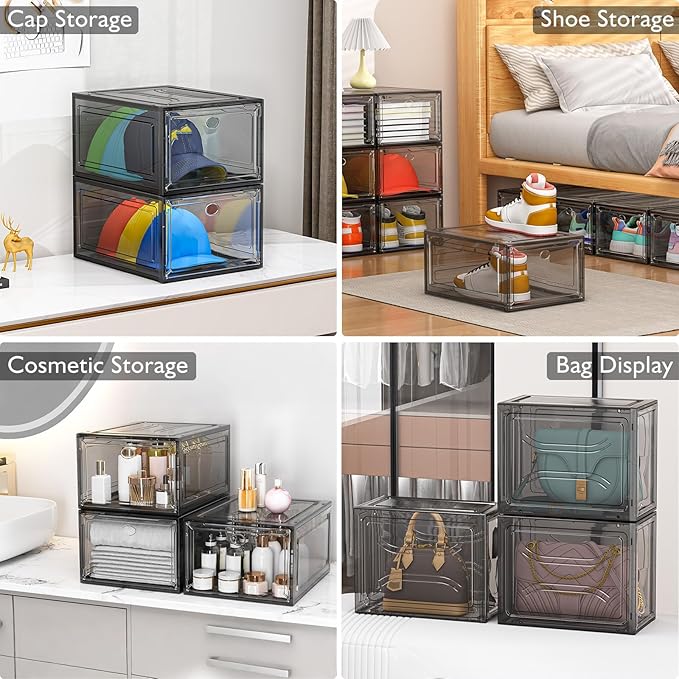 12 Pack Clear Shoe Storage Organizer with Magnetic Door, Stackable Plastic Shoe Boxes for Sneakers, Boots, and Heels, Space-Saving Foldable Shoe Rack for Closet, Durable Shoe Cabinet Organizer, Black-NeatNest