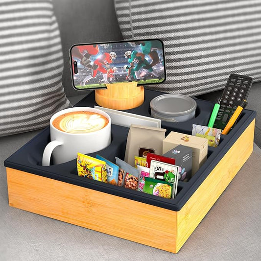 Couch Cup Holder Tray - Couch Organizer Caddy, Silicone Beach Caddy with Cup Holder, Sofa and Bed Drink Holder and Couch Tray Table for Snacks Beverage Remote (Black)-NeatNest