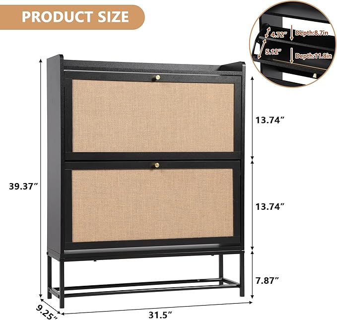 AVZEAR Narrow Shoe Storage Cabinet for Entryway with 2 Flip Drawers, Freestanding Shoe Cabinet with Natural Linen Panel, Slim Wood Shoe Organizer Closed Shoe Rack for Hallway, Foyer(Black)-NeatNest