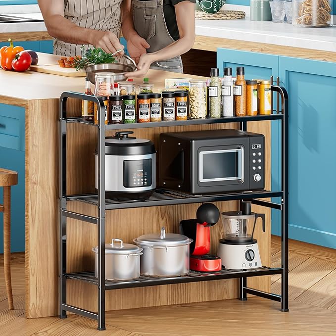 3 Tier Shelving Unit, Heavy Duty Metal Wire Shelf 30.75 Inch Wide Storage Rack for Pantry Kitchen Closet, Stackable & Adjustable, Black