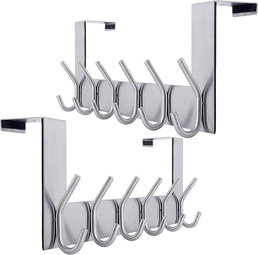 WEBI Over The Door Hook Door Hanger:Over The Door Towel Rack with 6 Coat Hooks for Hanging,Towel Hanger Door Coat Hanger Over Door Coat Rack for Towels,Clothes,Back of Bathroom,Silver,2 Packs