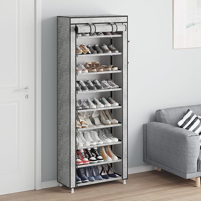 Calmootey 9 Tier Shoe Rack Organizer,Portable Shoe Shelf with Nonwoven Fabric Cover for Closet Hallway,Bedroom,Entryway, Ash Grey-NeatNest