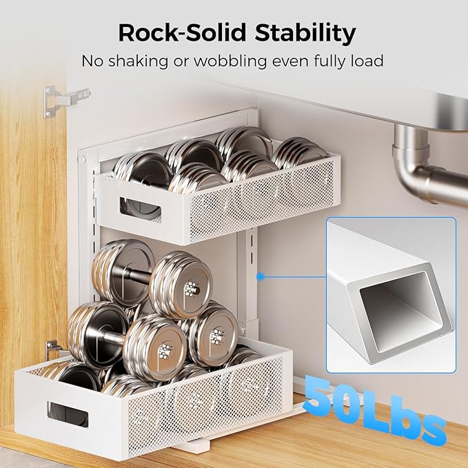 2 Pack Under Sink Organizer, Adjustable Height Under Sink Organizers and Storage, Smooth & Silent Sliding Out Metal Drawer for Kitchen Bathroom Pantry Cabinet Closet (White)-NeatNest