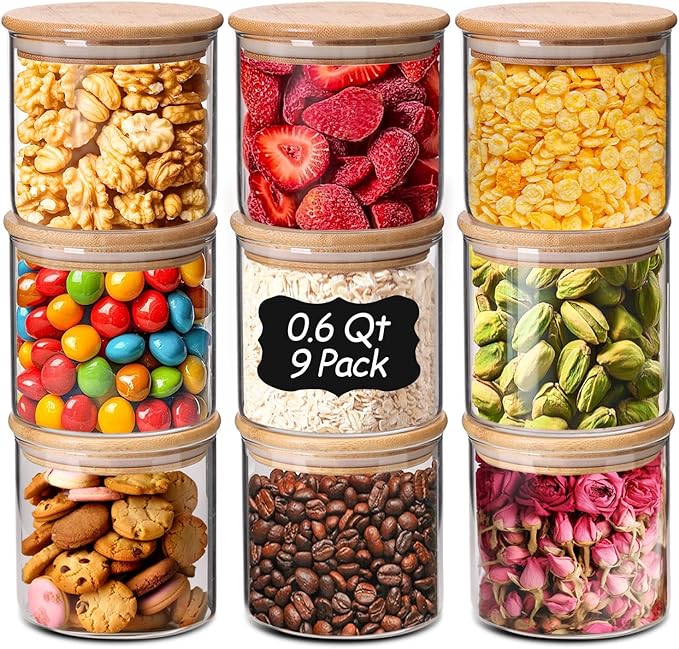 ComSaf 0.6 Qt Glass Food Storage Jars Set of 9, Clear Glass Storage Containers with Lids, Pantry Organization Jar, Spice, Blooming Tea, Oat, Coffee and Sugar Container, Small Canister Set for Kitchen-NeatNest