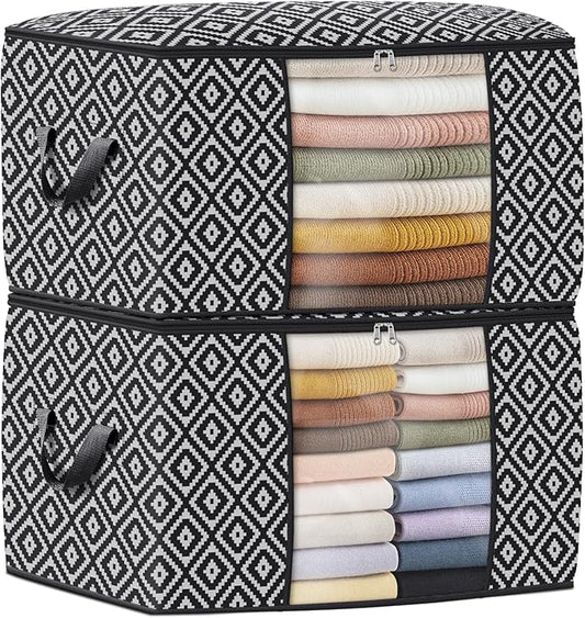 Direct 100L, 2 Pack, Storage Containers, Large Clothes Storage Bins Foldable Organization and Storage Bags with Reinforced Handle, Clear Window for Bedding, Blankets, Clothing, Black-NeatNest