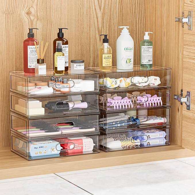 Clear Makeup Storage Drawer, 12''W Stackable Bathroom Organizers and Storage Drawer, Acrylic Cosmetic Display Case For Vanity, Undersink, Cabinets, Desk Organizer (3 Pack)-NeatNest
