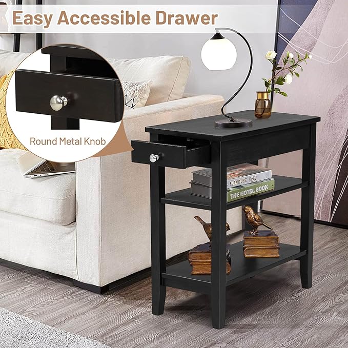 Giantex Set of 2 End Table with Drawer, Narrow Side 2-Tier Open Storage Shelves, Slim Compact Nightstand Bedside for Living Room Bedroom, Black