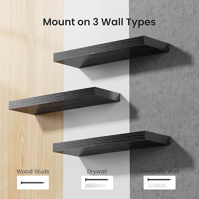 AMADA HOMEFURNISHING Floating Shelves Black, Wall Shelves with Invisible Brackets for Bedroom, Bathroom, Living Room, Kitchen, Set of 3 - AMFS07-NeatNest