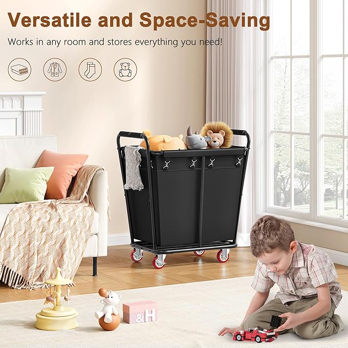 Hoctieon Large Laundry Cart with Wheels, 300L Heavy Duty Laundry Basket Organizer, Rolling Hamper Sorter for Clothes Storage, Industrial Dirty Clothes Hamper for Home & Hotel, Black-NeatNest