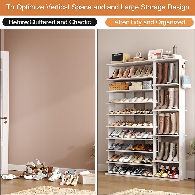 HOMEFORT 10 Tiers Shoe Rack, 50 Pairs Large Shoe Shelf, 61.8" Tall Shoe Tower, Freestanding Shoe Rack Organizer with Open Shelves, Wood Shoe Stand for Boot Storage, for Closet, Entryway, White-NeatNest