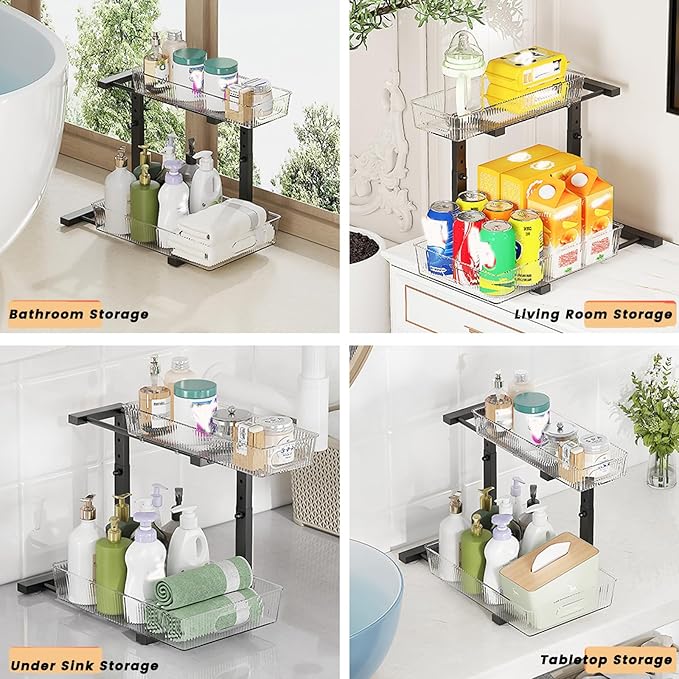 2 Pack Under Sink Organizer, 2 Tier Pull Out Storage Organizer, Slide Out Storage Shelf for Bathroom & Kitchen, Under Cabinet Organizer and Storage with 5 Gears Height Adjustable (Black)-NeatNest