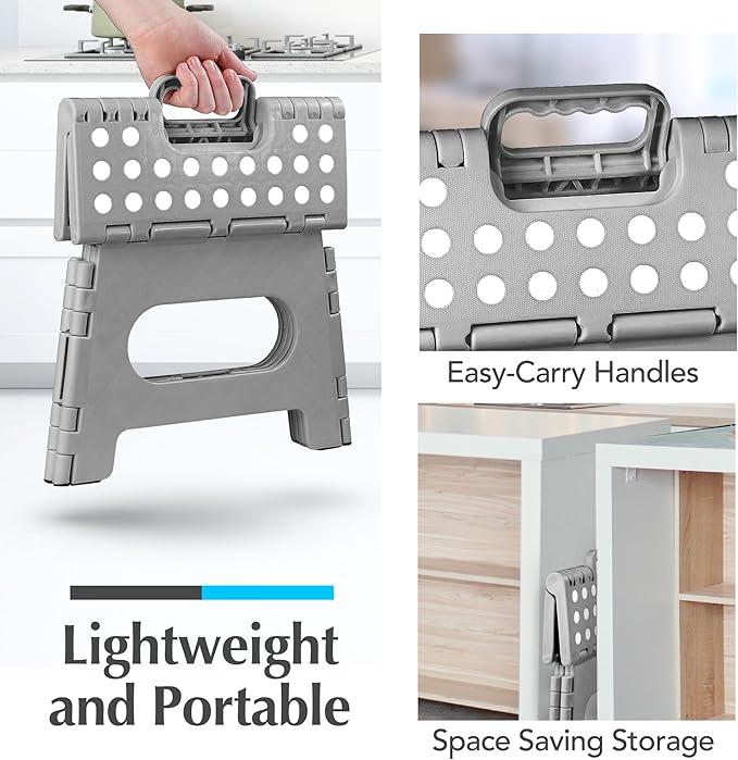 Handy Laundry Folding Lightweight Step Stool - Sturdy Enough to Support Adults and Safe Enough for Kids - Opens Easy with One Flip - Great for Kitchen, Bathroom or Bedroom (Grey | 2-Pack)
