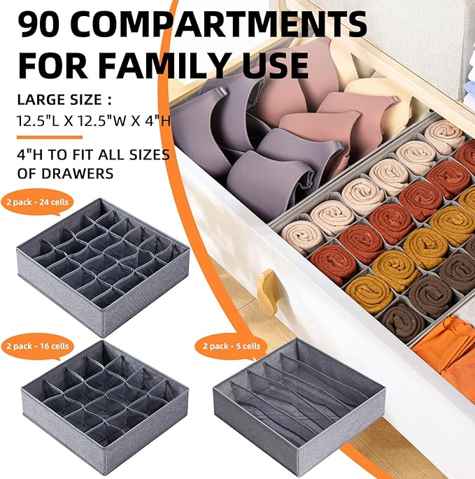Criusia 6 Pack Large Drawer Organizer for Sock Underwear - Washable Heavy Duty Fabric Closet Organizers and Storage Bins - 90 Cells Dresser Organizer Divider for Baby Clothes, Ties, Belt (Grey)-NeatNest