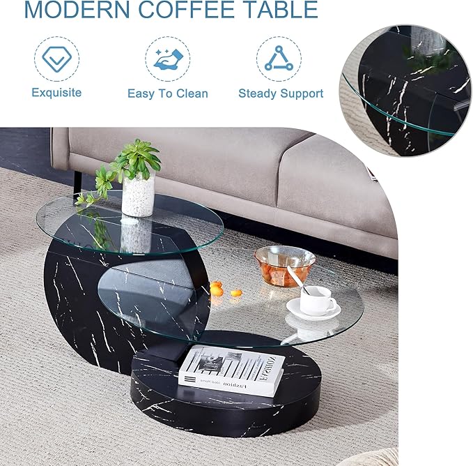 Glass Coffee Tables for Living Room Round Coffee Tables Modern Double Layer Round Table Circle Coffee Table for Small Space Home Office (35.4 Inch Black)